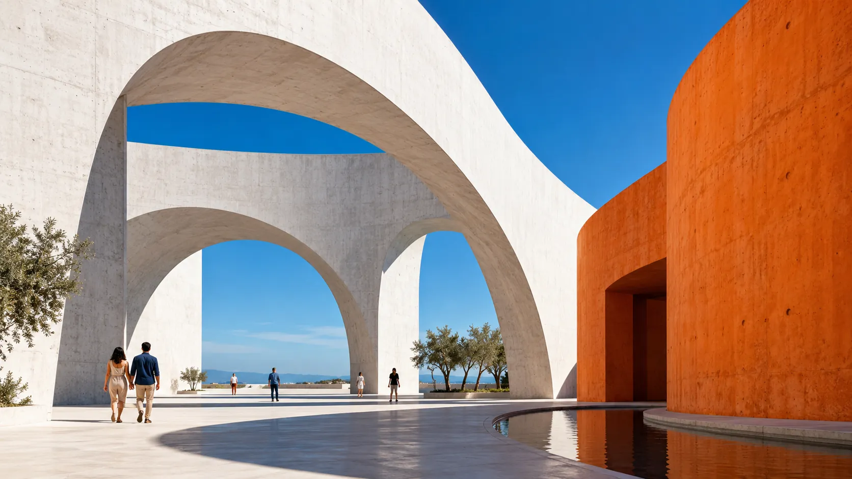 Bright white architectural arches beside a tangerine wall beneath an open blue sky