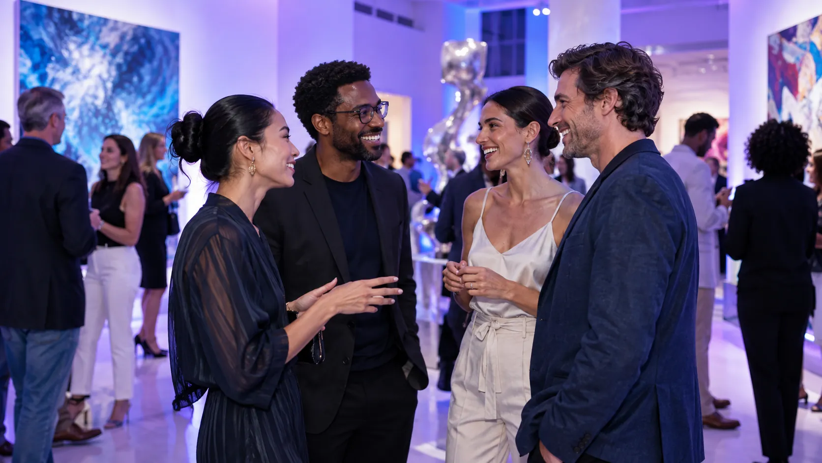 Guests connecting at a contemporary gallery event