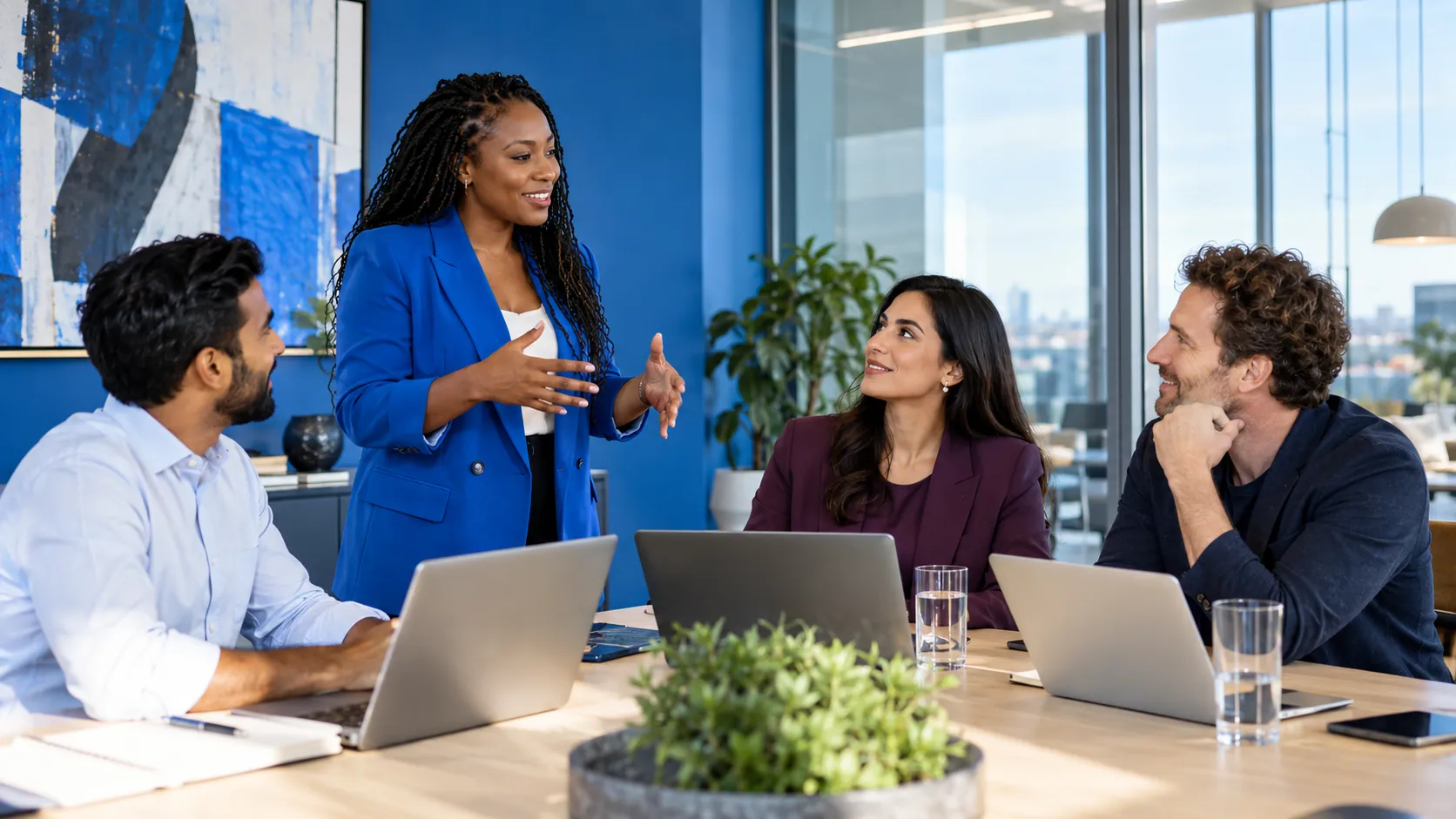 A diverse corporate team collaborating around a table in a bright office