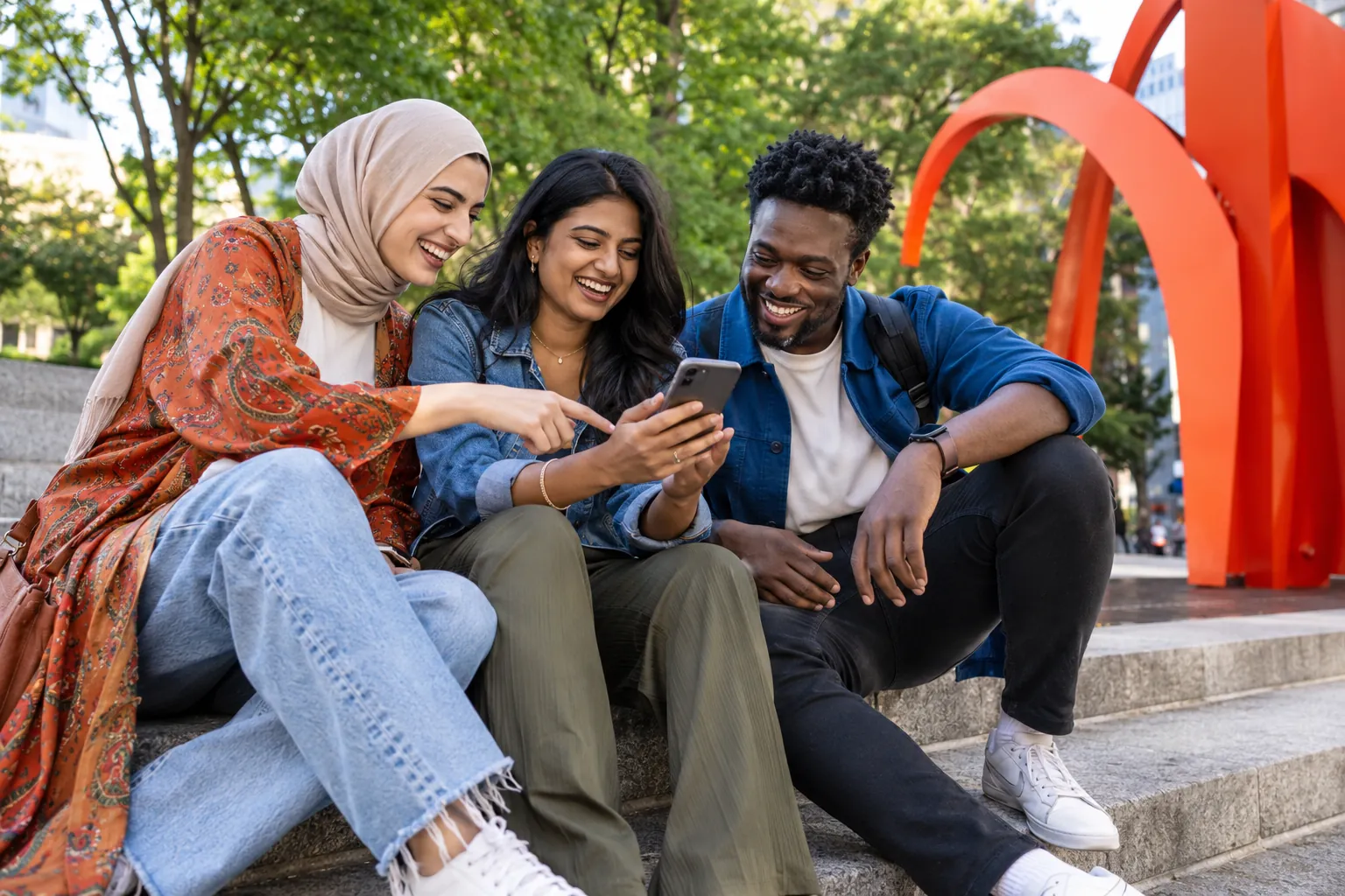 Three friends laughing together while sharing a phone on park steps
