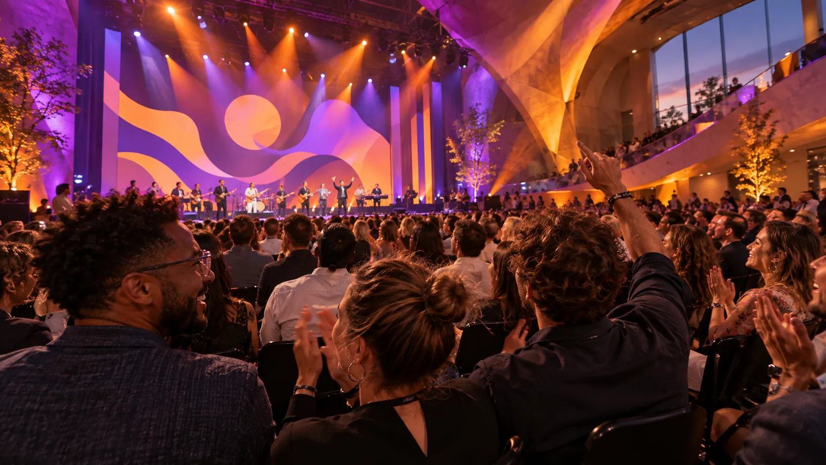 Business gathering in a contemporary hall with vibrant purple and orange lighting