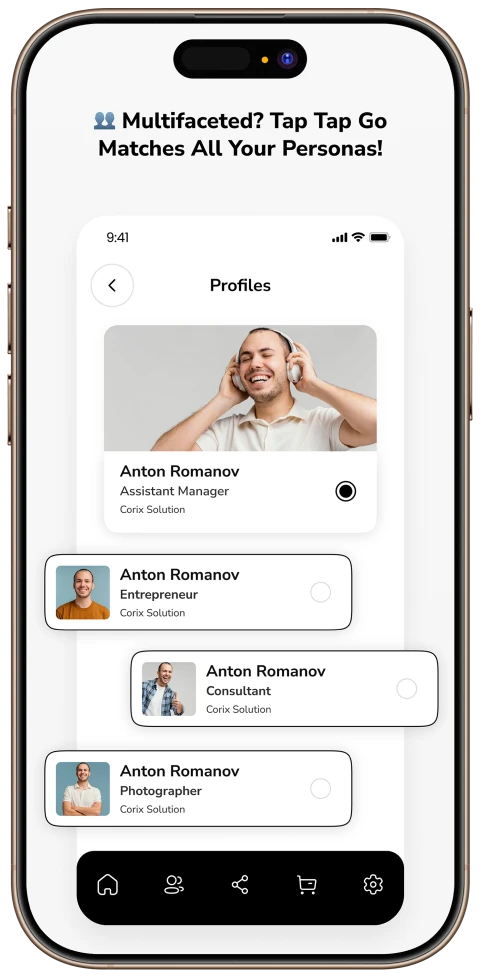 Tap Tap Go app showing multiple personal and professional profiles