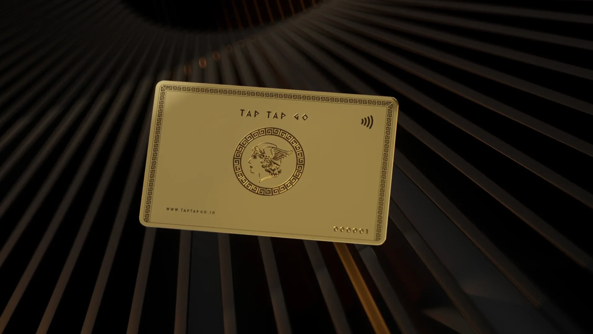 The Tap Tap Go Gold Card floating within a sculptural architectural spiral