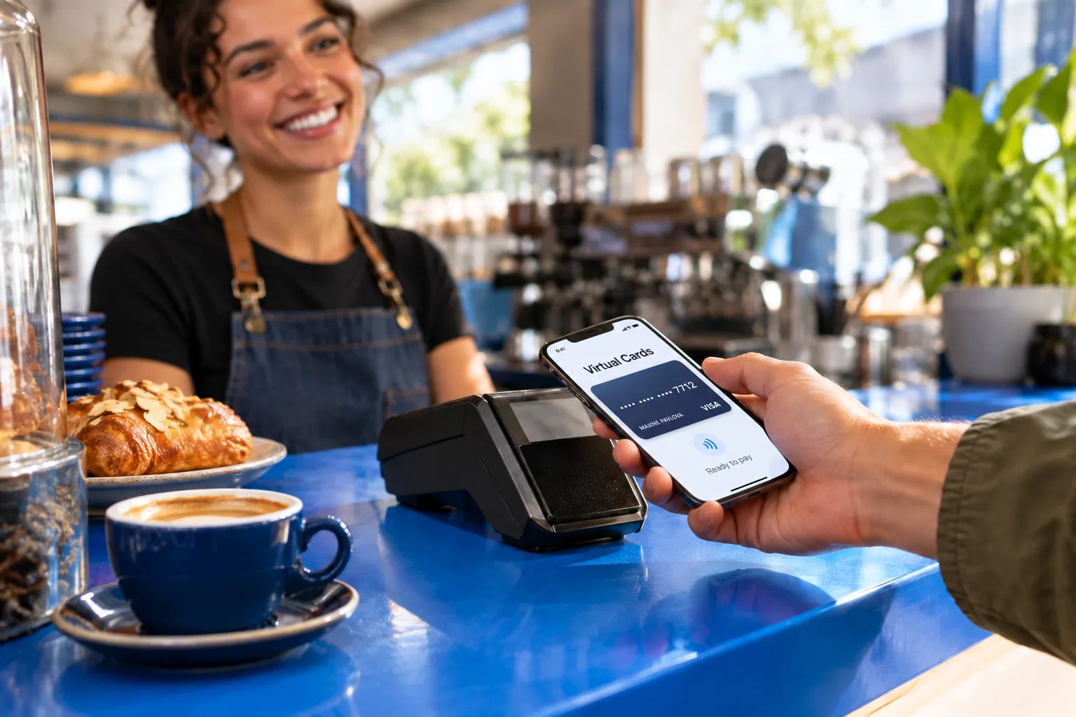 A phone displaying the navy Virtual Visa card ending 7712 beside a café payment terminal