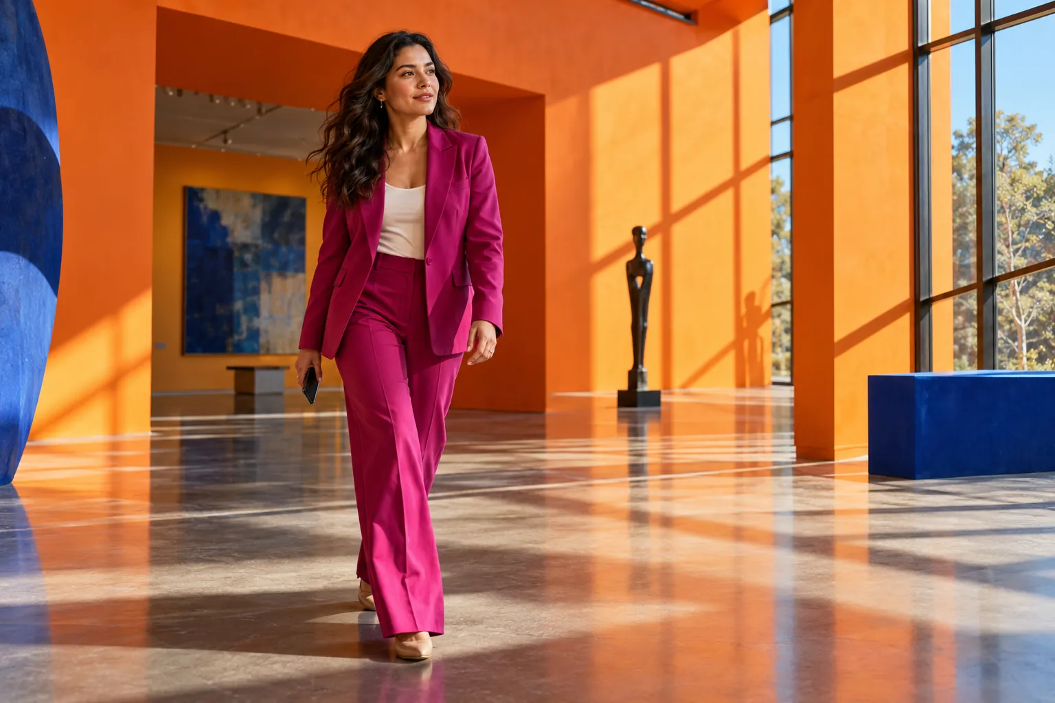 Woman in a magenta blazer walking through a vibrant orange art museum