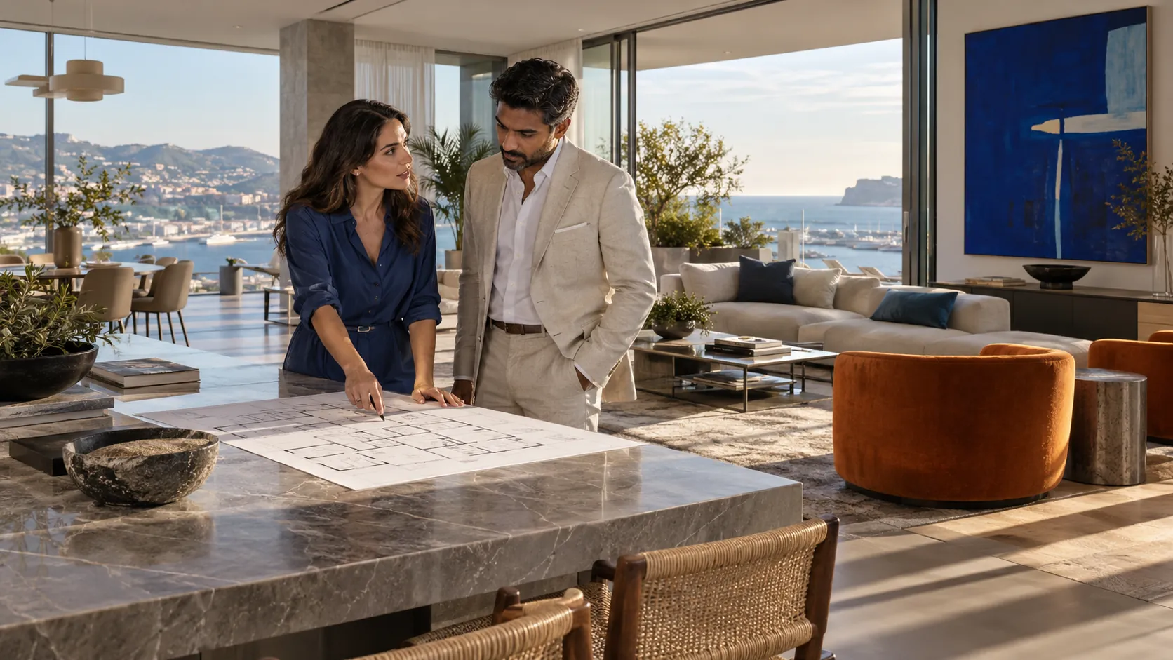 Property professionals reviewing plans in a sunlit penthouse with blue artwork