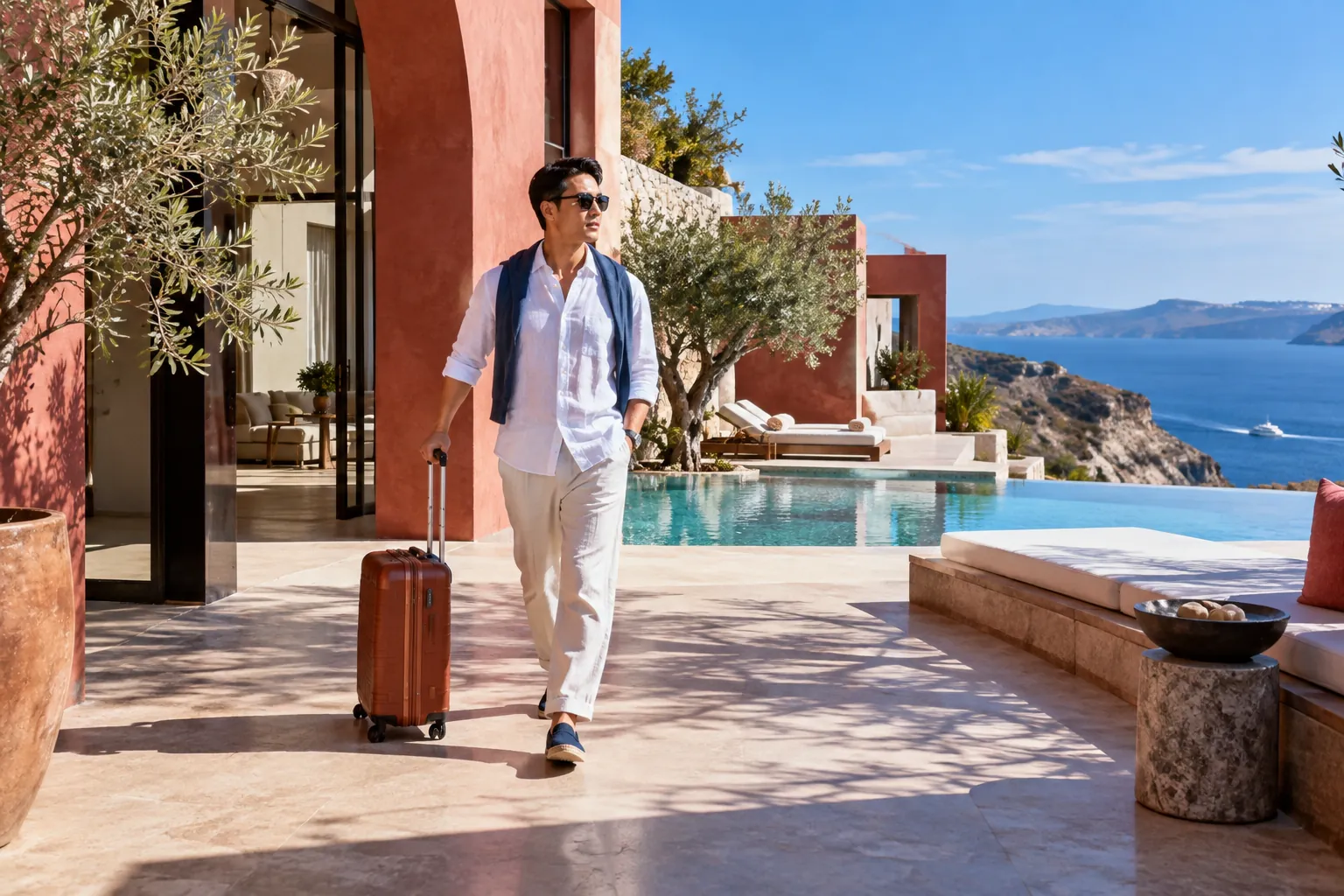 Traveller with a terracotta suitcase arriving at a colourful Mediterranean hotel